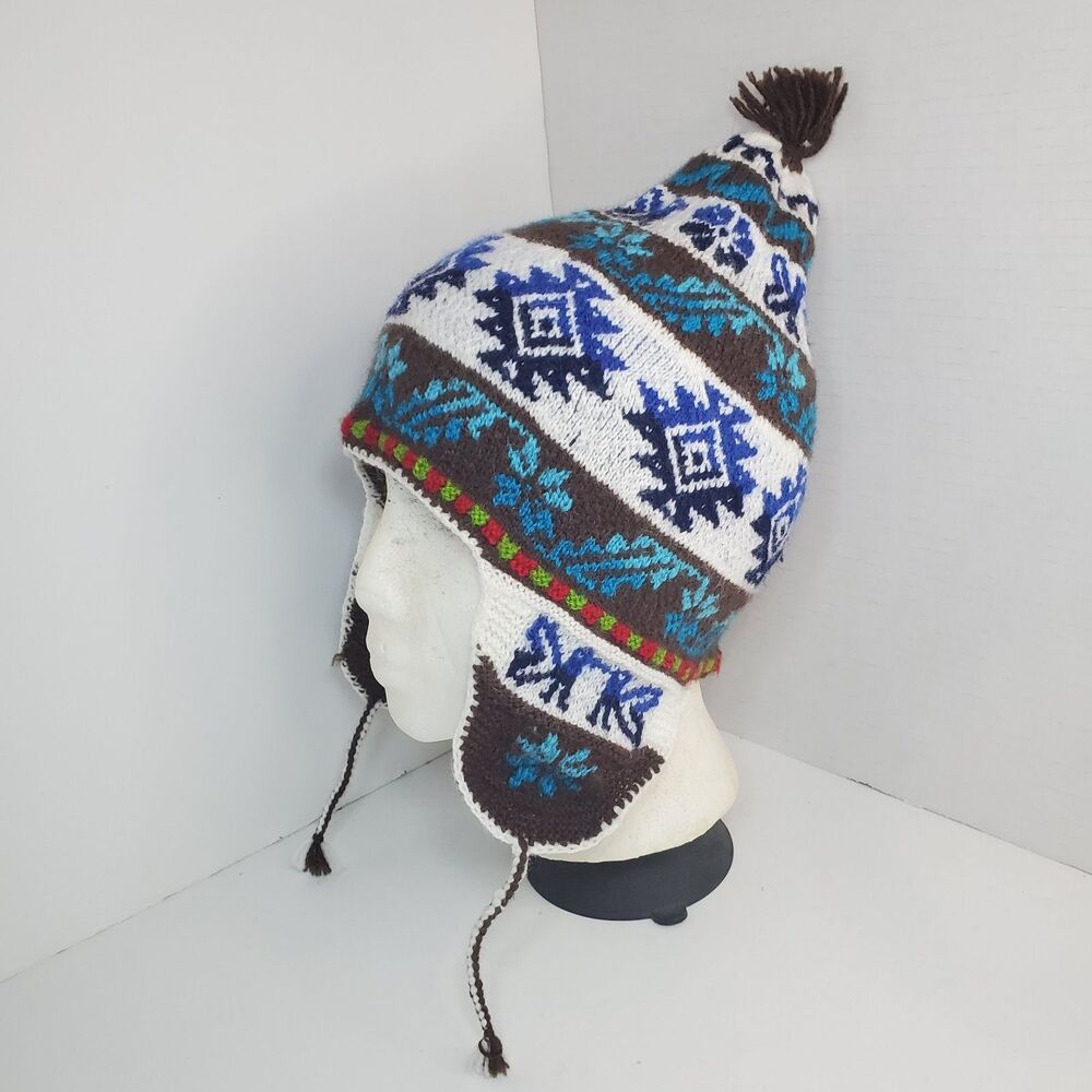Hand Knit Alpaca Wool Chullo Earflap Hat Butterfly Pattern Boho Winter Beanie OS